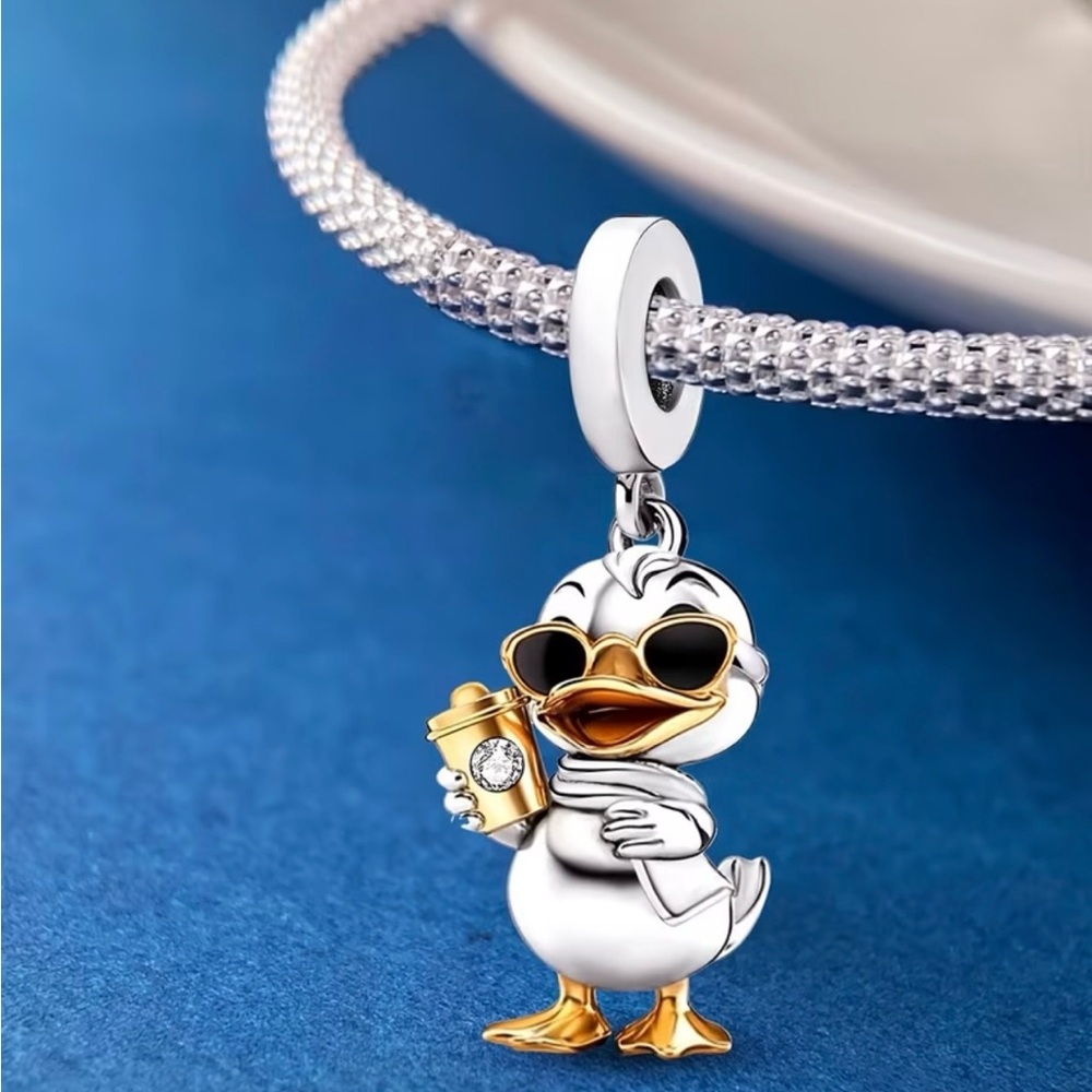 🧡 New! 925 Silver Plated Duck w Sunglasses Coffee & Synthetic Zircons & Gift Bag